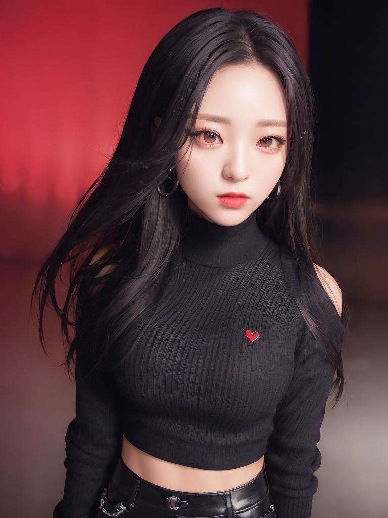 (close-up portrait:1.4) of yuna itzy, wearing a black sweater and cargo pants, red lips, contrapposto, (standing in a nightclub:1.2), <lora:Yuna Itzy:0.7>