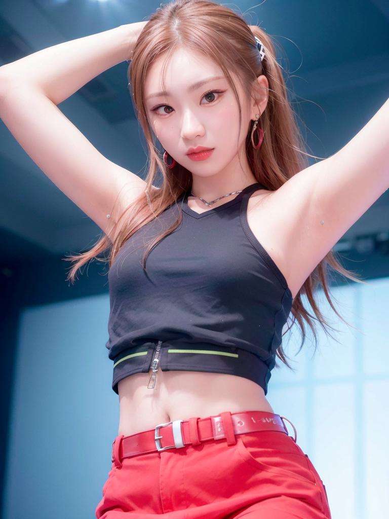 (closeup portrait:1.4) of chaeryeong, tank top, cargo pants, contrapposto, red lips, k-pop idol, (slender body:1.3), best quality, ultra high res, (photorealistic:1.3), 1girl, (standing at a nightclub:1.3), <lora:Chaeryeong Itzy:0.8> 