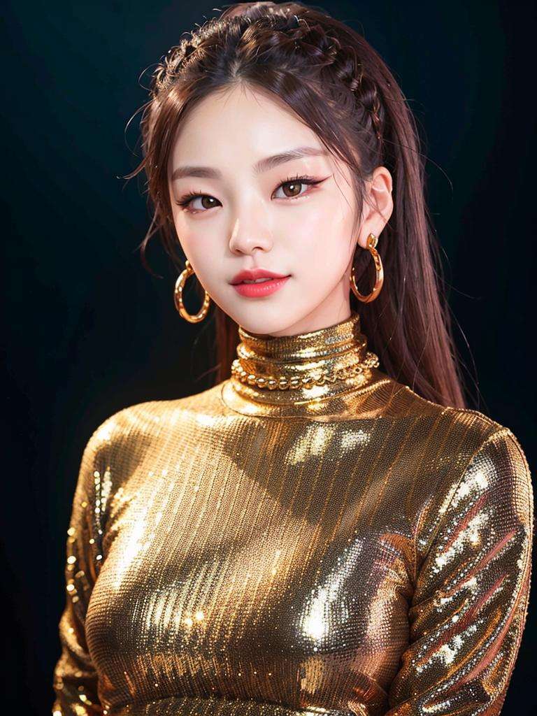 portrait of yeji,  black turtleneck top, golden chain, smiling, red lips, slender body, <lora:Yeji Itzy:0.7>