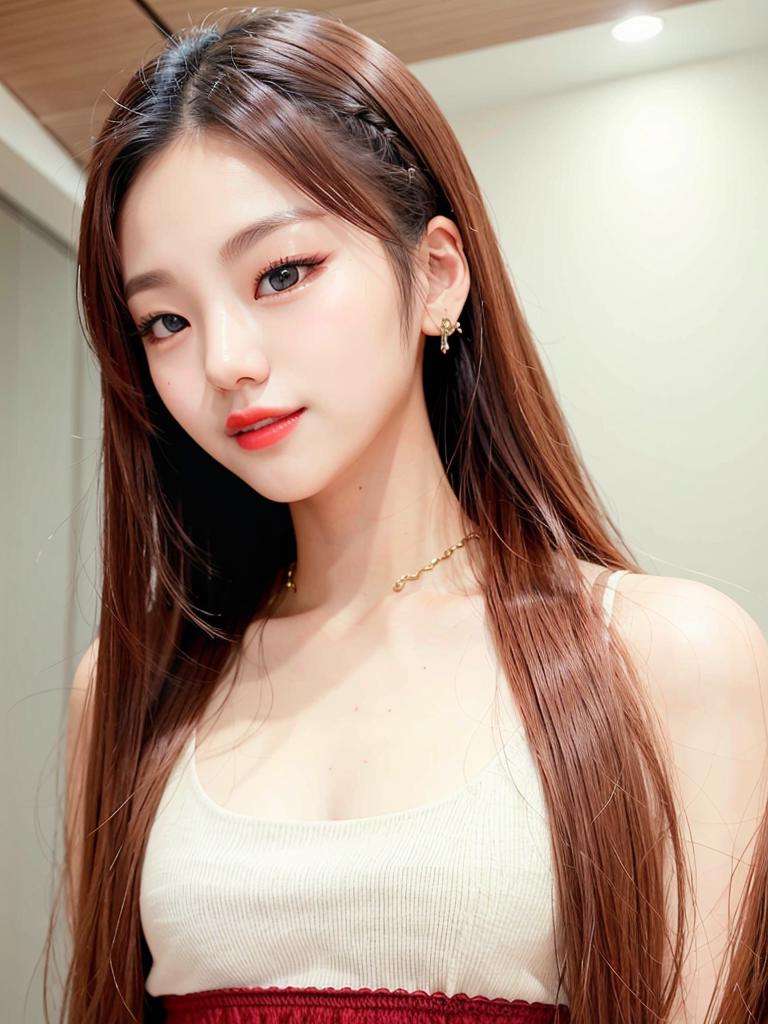 portrait of yeji,  smiling, red lips, slender body, <lora:Yeji Itzy:0.7>