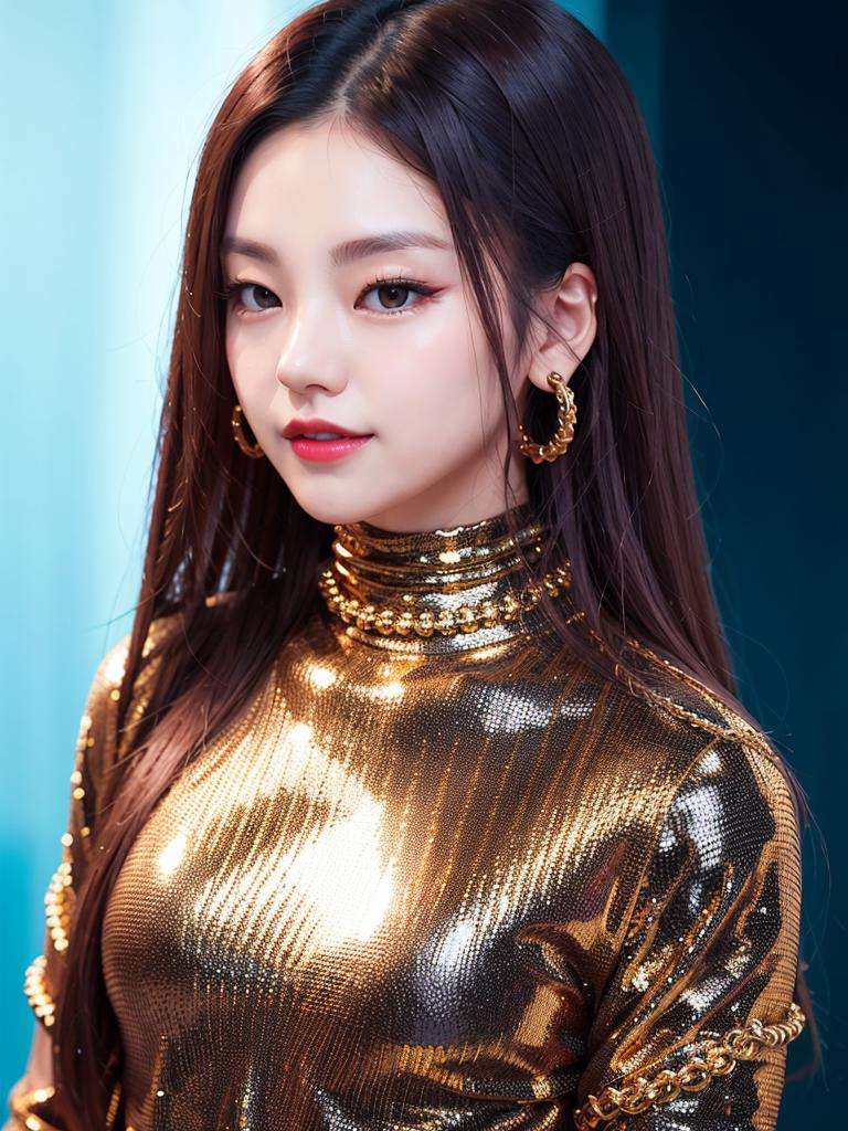 portrait of yeji,  black turtleneck top, golden chain, smiling, red lips, slender body, <lora:Yeji Itzy:0.7>