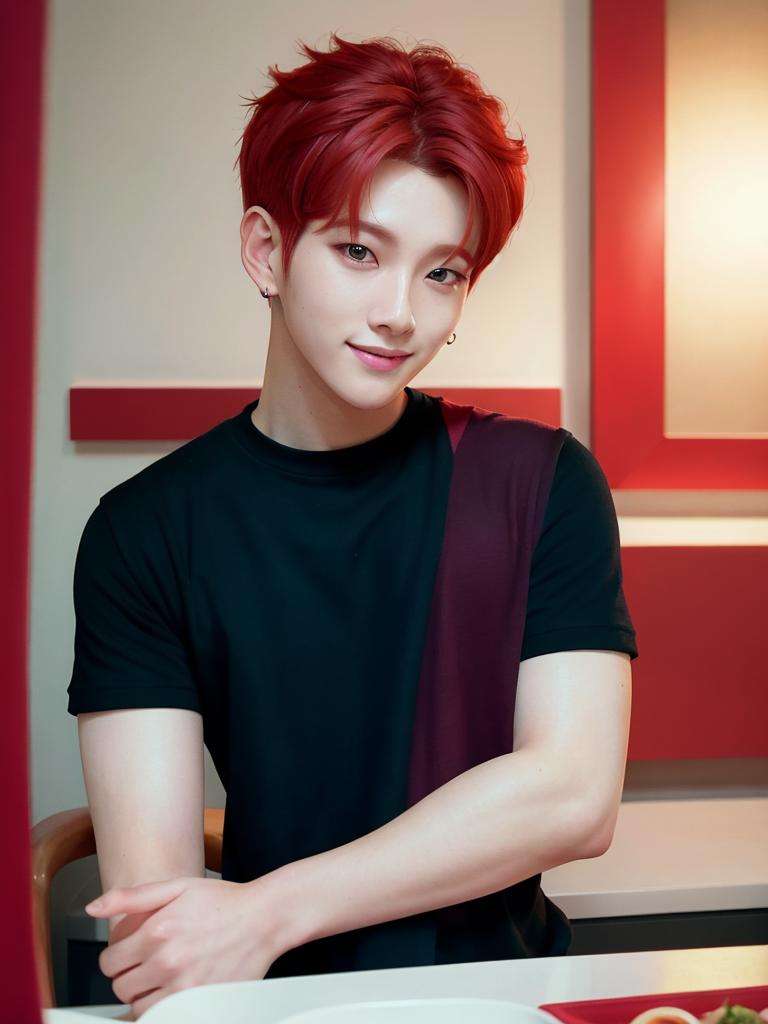 close-up Portrait512 of a young man , (black shirt:1.3), (red hair:1.2), <lora:Kpop Boy:0.8> 