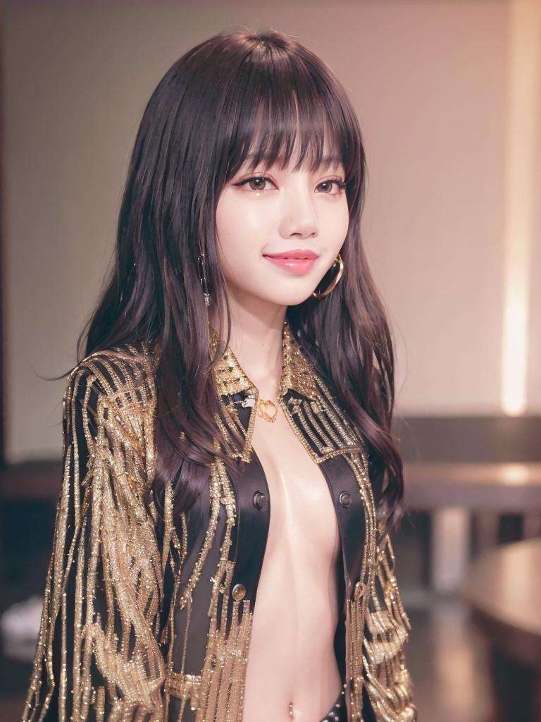 close-up portrait of Lisa Blackpink, (smiling:1.4), (black and gold blazer and shirt:1.3), k-pop Idol, contrapposto, best quality, ultra high res, (photorealistic:1.3), 1girl, small breasts, (in a nighclub:1.3),  beauty512, <lora:Lisa Blackpink:0.8> 