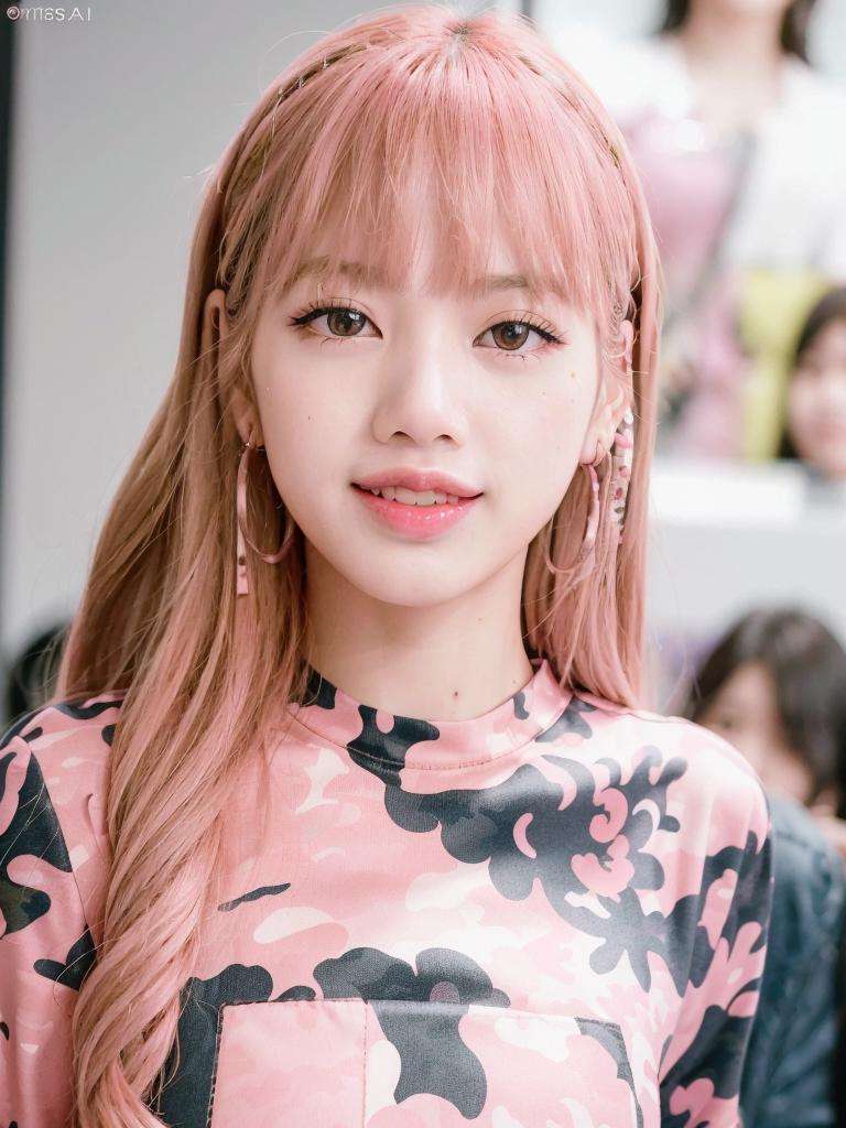 close-up portrait of Lisa Blackpink, (smiling:1.3), (pink camo t-shirt:1.3), k-pop Idol, contrapposto, best quality, ultra high res, (photorealistic:1.3), 1girl, small breasts, (in a nighclub:1.3),  beauty512, <lora:Lisa Blackpink:0.8> 