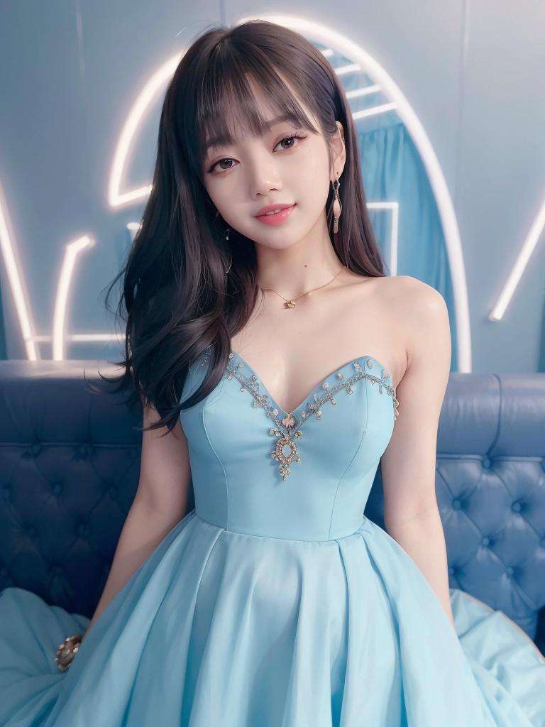 close-up portrait of Lisa Blackpink, (smiling:1.3), (blue gown:1.3), k-pop Idol, contrapposto, best quality, ultra high res, (photorealistic:1.3), 1girl, small breasts, (in a nighclub:1.3),  beauty512, <lora:Lisa Blackpink:0.8> 