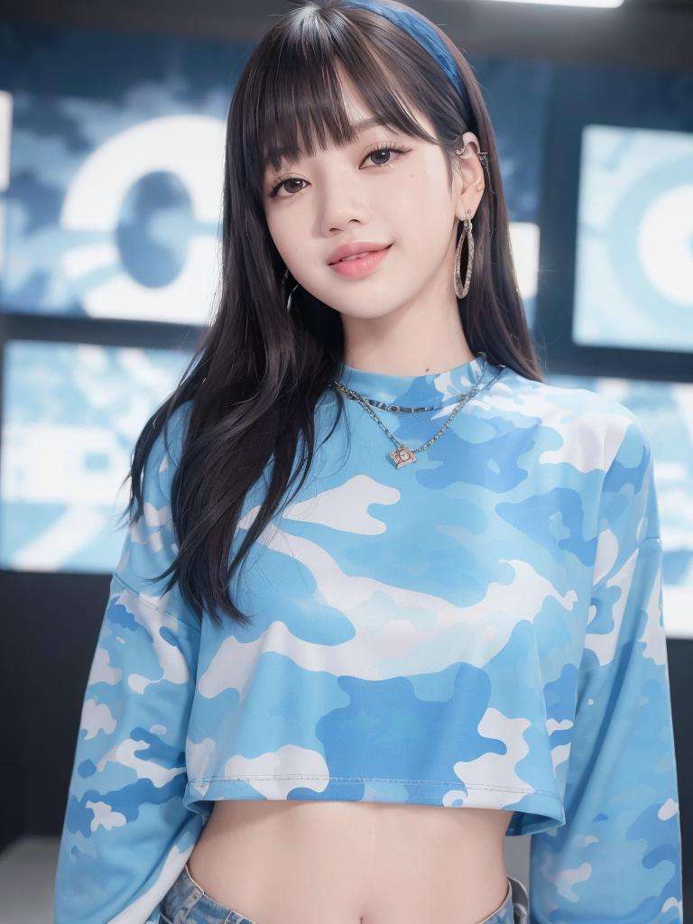 close-up portrait of Lisa Blackpink, (smiling:1.3), (blue camo t-shirt:1.3), k-pop Idol, contrapposto, best quality, ultra high res, (photorealistic:1.3), 1girl, small breasts, (in a nighclub:1.3),  beauty512, <lora:Lisa Blackpink:0.8> 