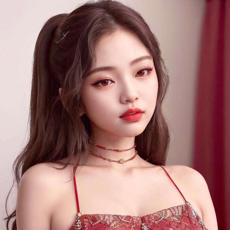 (close-up portrait:1.3) of Jennie, standing in a theater, red lips, smiling, 1girl, wearing a (red dress:1.2), (Kpop idol), best quality, ultra high res, (photorealistic:1.4), <lora:Jennie Blackpink:0.8>