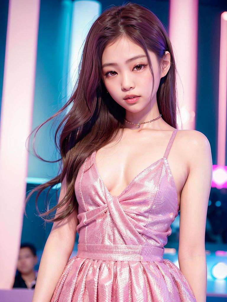 Photo of Jennie, ((pink gown)), smile, kpop Idol, best quality, ultra high res, (photorealistic:1.3), 1girl, small breasts, at a nightclub  <lora:Jennie Blackpink:0.9>