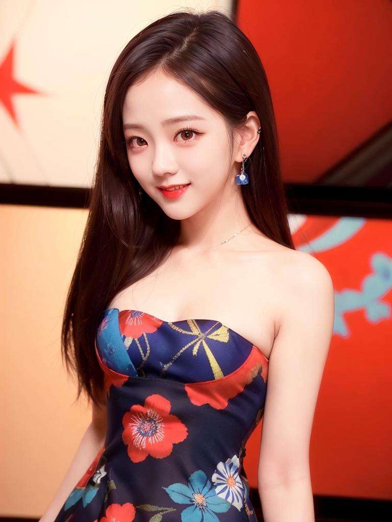 close-up portrait of Jisoo, (smiling:1.1), red lips,(blue floral dress:1.3), k-pop Idol, ulzzang, contrapposto, best quality, ultra high res, (photorealistic:1.3), 1girl, small breasts, in a jazz club,  beauty512, <lora:Jisoo Blackpink:0.8>