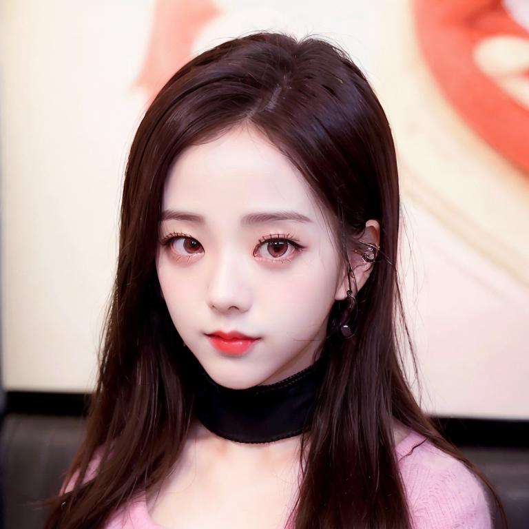 (close-up portrait of Jisoo:1.3), standing on a restaurant in Paris, red lips, 1woman, pink wool cardigan, black skirt, black choker, (Kpop idol), best quality, ultra high res, (photorealistic:1.4), <lora:Jisoo Blackpink:1> 