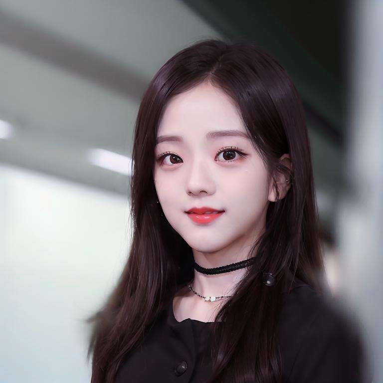 (close-up photo of Jisoo:1.3), standing in a train station of Seoul, red lips, smiling, 1woman, sleeveless black button shirt, black skirt, black choker, (Kpop idol), best quality, ultra high res, (photorealistic:1.4), <lora:Jisoo Blackpink:1> 