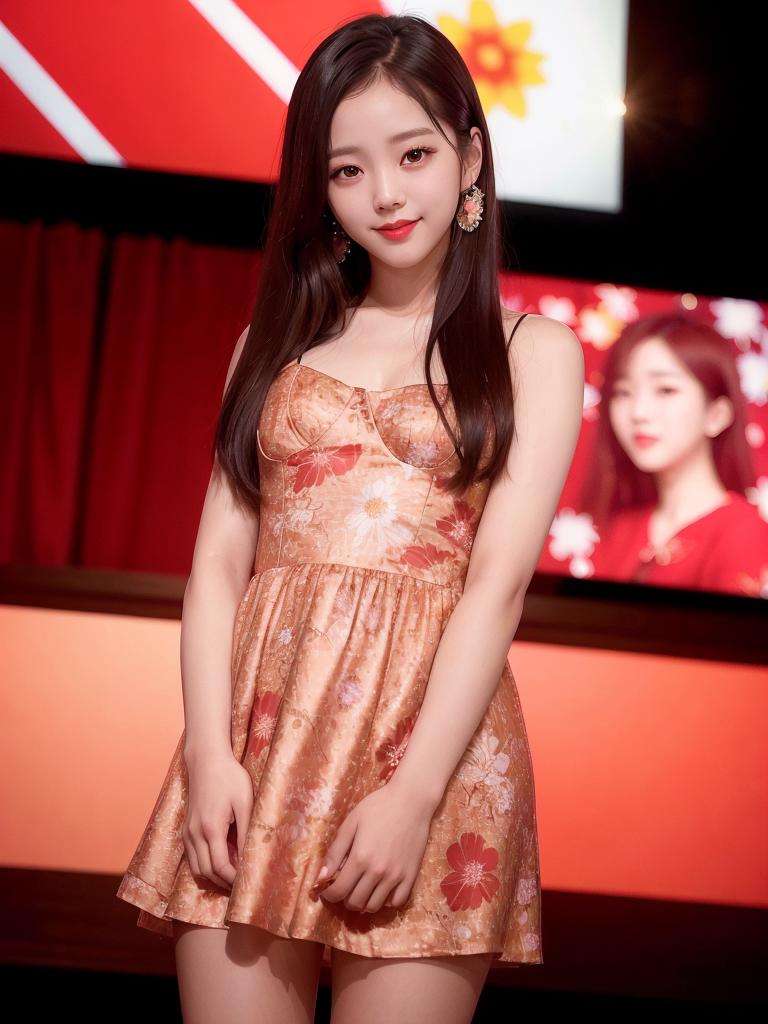 portrait of Jisoo, (smiling:1.1), red lips,(floral dress:1.3), k-pop Idol, ulzzang, contrapposto, best quality, ultra high res, (photorealistic:1.3), 1girl, small breasts, in a jazz club,  beauty512, <lora:Jisoo Blackpink:0.7>