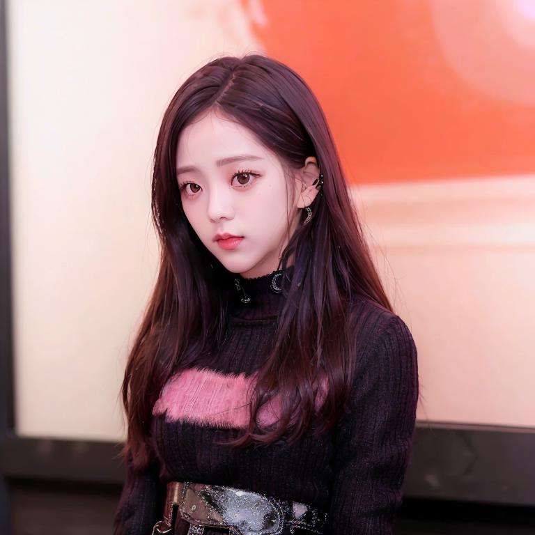 (close-up portrait of Jisoo:1.3), standing on a restaurant in Paris, red lips, 1woman, pink wool cardigan, black skirt, black choker, (Kpop idol), best quality, ultra high res, (photorealistic:1.4), <lora:Jisoo Blackpink:1> 