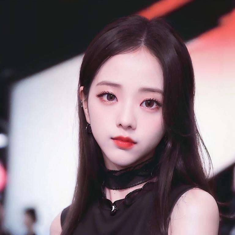 (close-up portrait of Jisoo:1.3), standing on a runway in Paris, red lips, 1woman, sleeveless black button shirt, black skirt, black choker, (Kpop idol), best quality, ultra high res, (photorealistic:1.4), <lora:Jisoo Blackpink:1> 