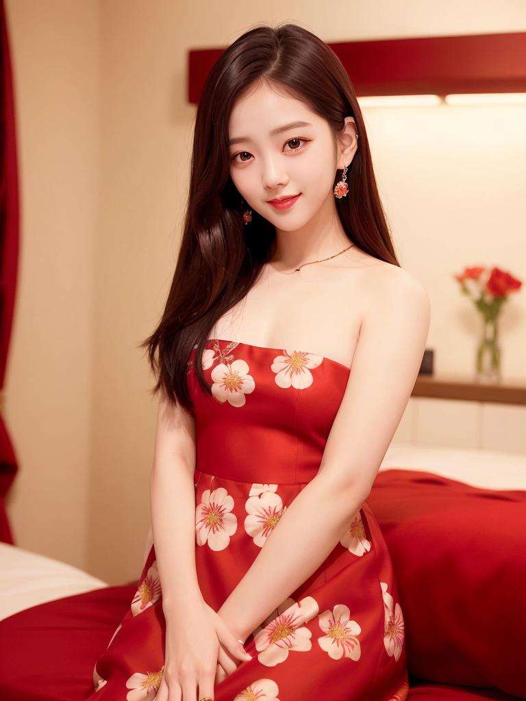 portrait of Jisoo, (smiling:1.1), red lips,(floral dress:1.3), k-pop Idol, ulzzang, contrapposto, best quality, ultra high res, (photorealistic:1.3), 1girl, small breasts, in a bedroom,  beauty512, <lora:Jisoo Blackpink:0.7>