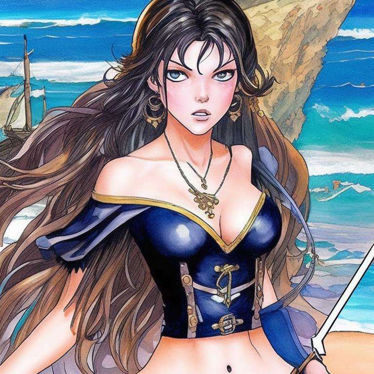 close up portrait of a cute pirate girl, wearing a corsair uniform, standing in a tropical beach, and a pirate vessel on background, art by milomanara-768