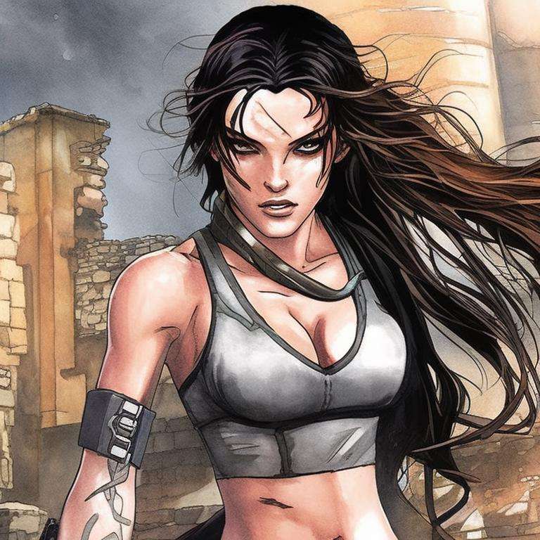 closeup painting of lara croft, standing next to the ruins of an ancient city, art by milomanara-768