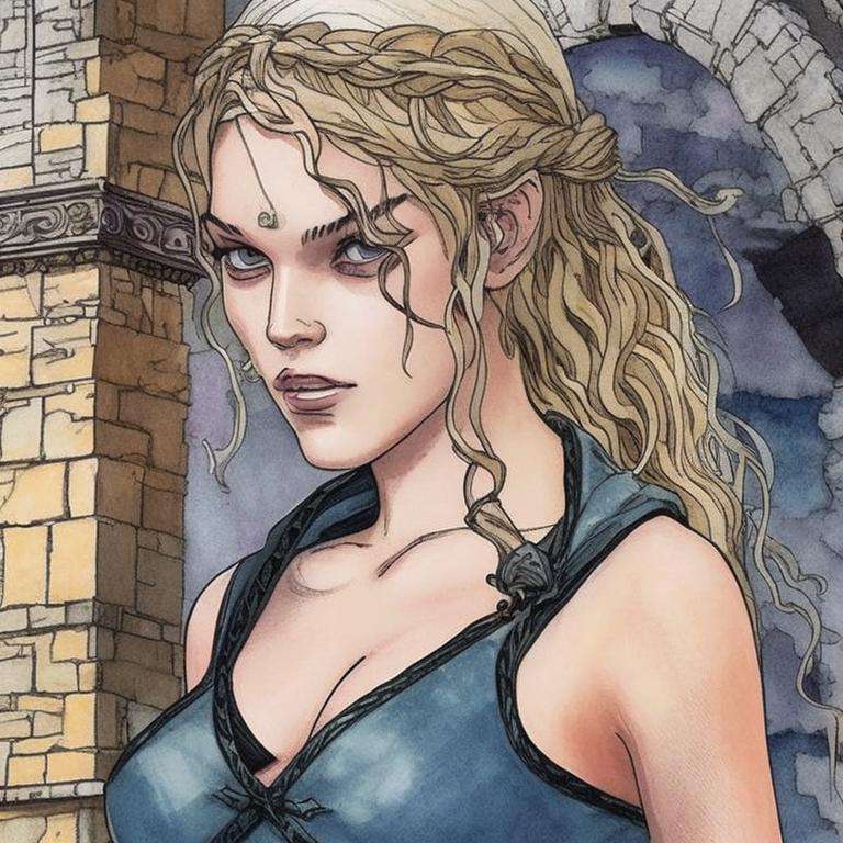 closeup painting of daenerys targaryen, standing next to the ruins of an ancient city, art by milomanara-768