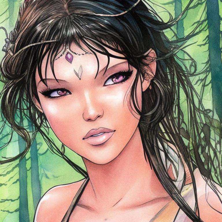 closeup portrait of a cute native american girl, standing in a forest, art by milomanara-768