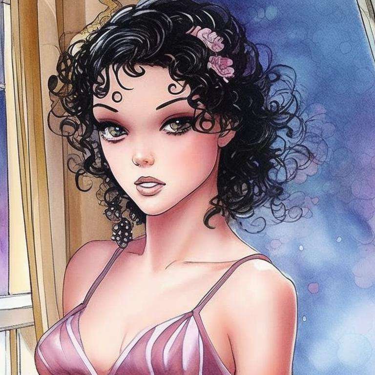 painting of a cute girl, standing next to a window, art by milomanara-768