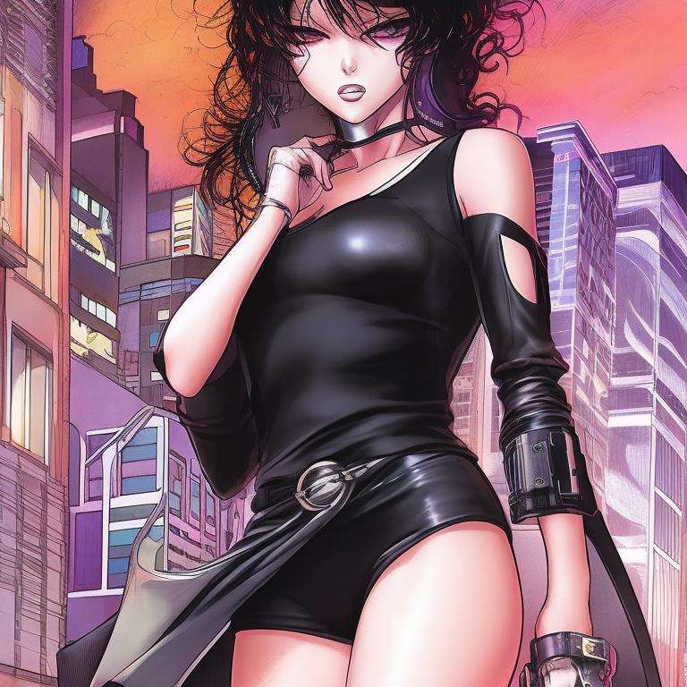 full body  portrait of a girl, wearing cyberpunk urban streetwear, standing in a futuristic city, art by milomanara-768