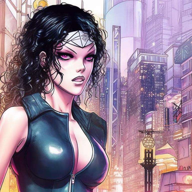 full body  portrait of a girl, wearing cyberpunk urban streetwear, standing in a futuristic city, art by milomanara-768