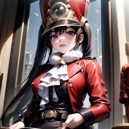 masterpiece,best quality,extremely clear 8k wallpaper,sidelighting,1girl,pom pom,star rail,<lora:Pom Pom:1>,lora:add_detail:0.8>,wet clothes,red jacket,military hat,reading a book