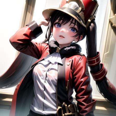 masterpiece,best quality,extremely clear 8k wallpaper,sidelighting,1girl,pom pom,star rail,<lora:Pom Pom:1>,lora:add_detail:0.8>,wet clothes,red jacket,military hat,reaching