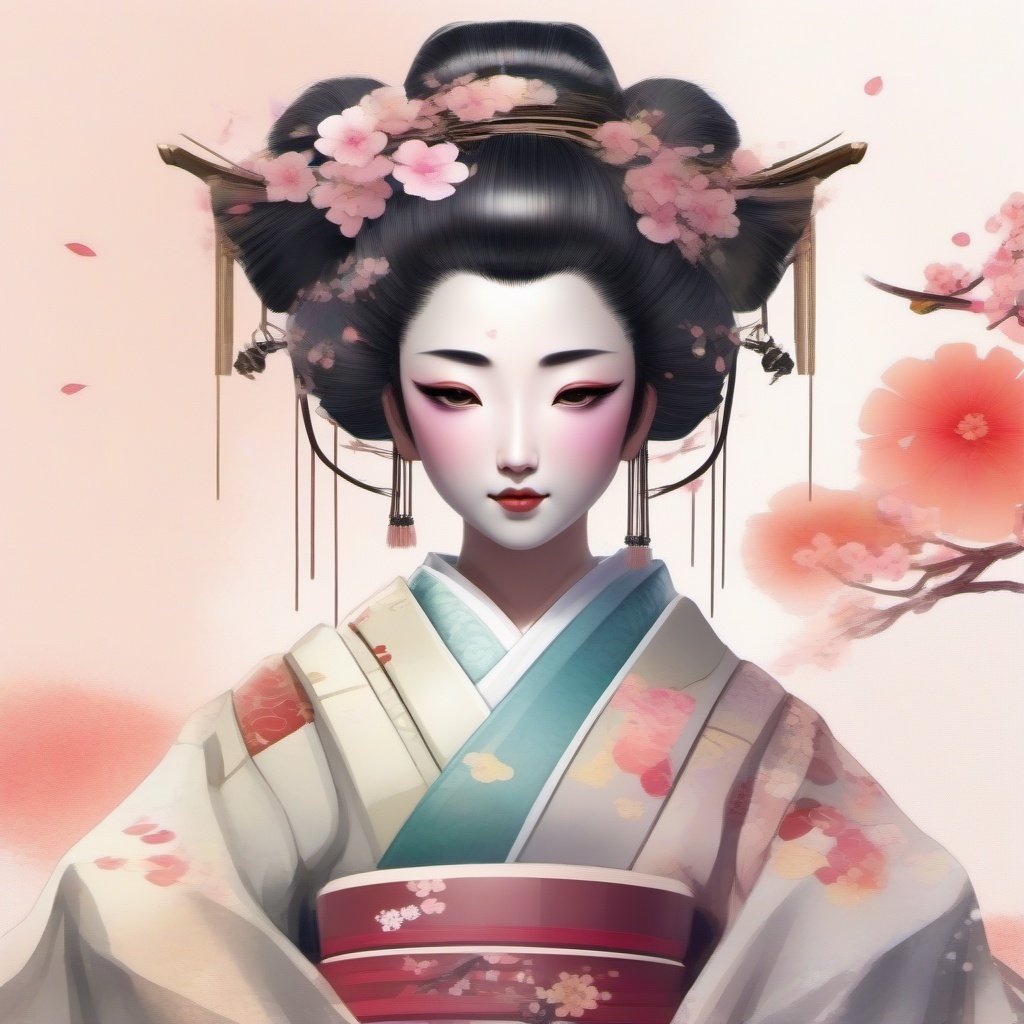  Android geisha , robotic parts , flowery kimono, kids story book style, muted colors, watercolor style , unreal engine, 16k UHD