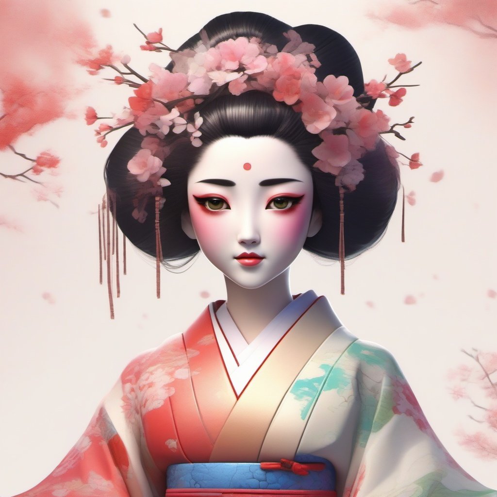  Android geisha , robotic parts , flowery kimono, kids story book style, muted colors, watercolor style , unreal engine, 16k UHD