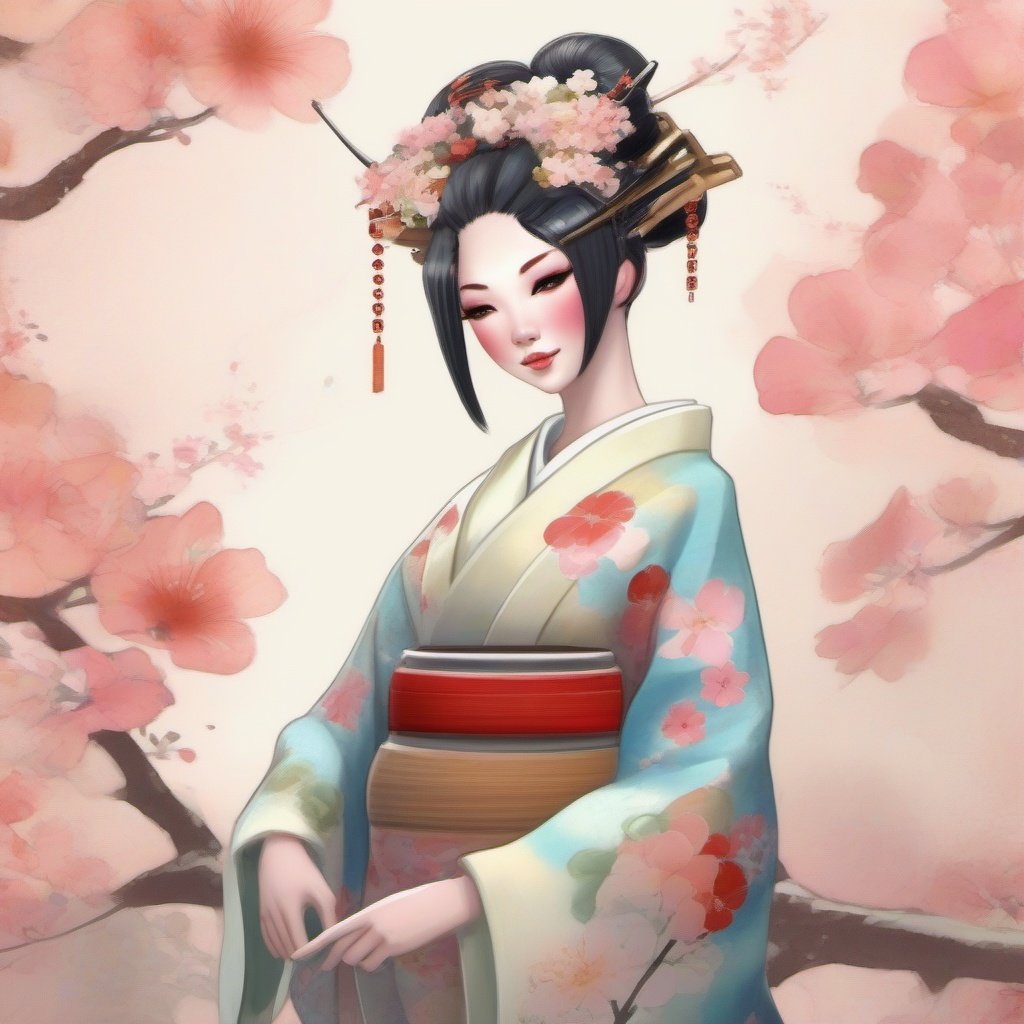  Android geisha , robotic parts , flowery kimono, kids story book style, muted colors, watercolor style , unreal engine, 16k UHD