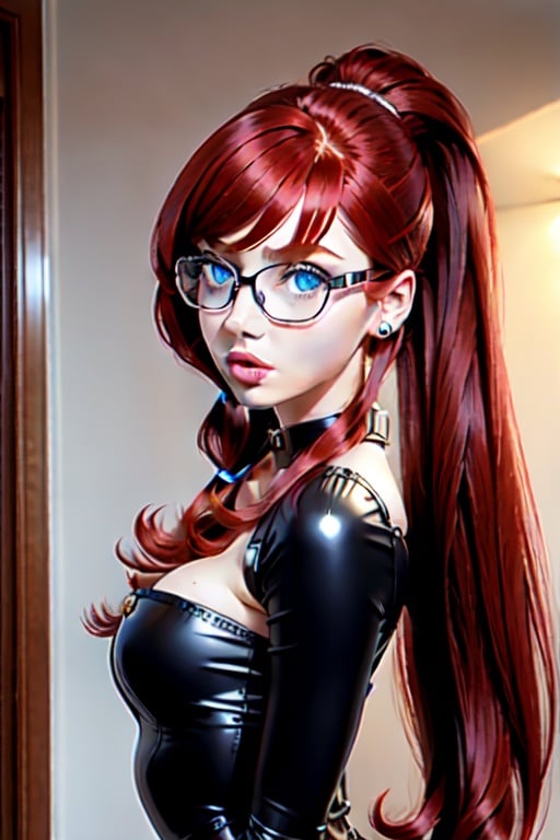 redhead woman with pigtails and latex suit sexy real realistic hyper realistic glasses black, 

