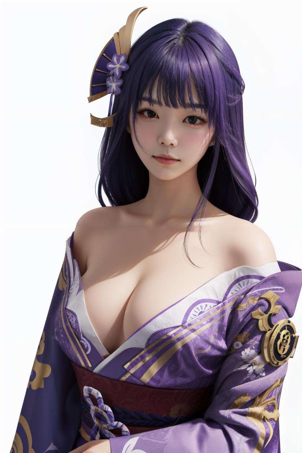 <lora:raiden_shogun:1> raiden shogun, simple background, looking at viewer, long hair, purple hair, ribbon, mole, closed mouth, japanese clothes, hair ornament, kimono, white background, solo, purple eyes, cleavage, purple kimono, mole under eye, 1girl, upper body,large breasts, mature female 