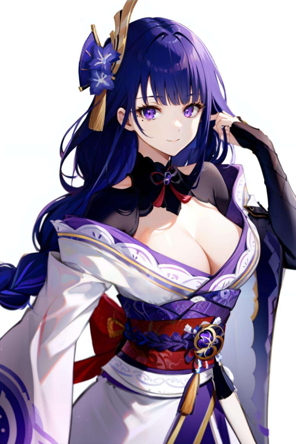 <lora:raiden_shogun:1>raiden shogun, braid, large breasts, simple background, looking at viewer, long hair, purple hair, mole, closed mouth, purple flower, bridal gauntlets, shoulder armor, japanese clothes, hair ornament, kimono, obi, flower, wide sleeves, white background, long sleeves, armor, smile, solo, purple eyes, cleavage, braided ponytail, purple kimono, mole under eye, 1girl, sash