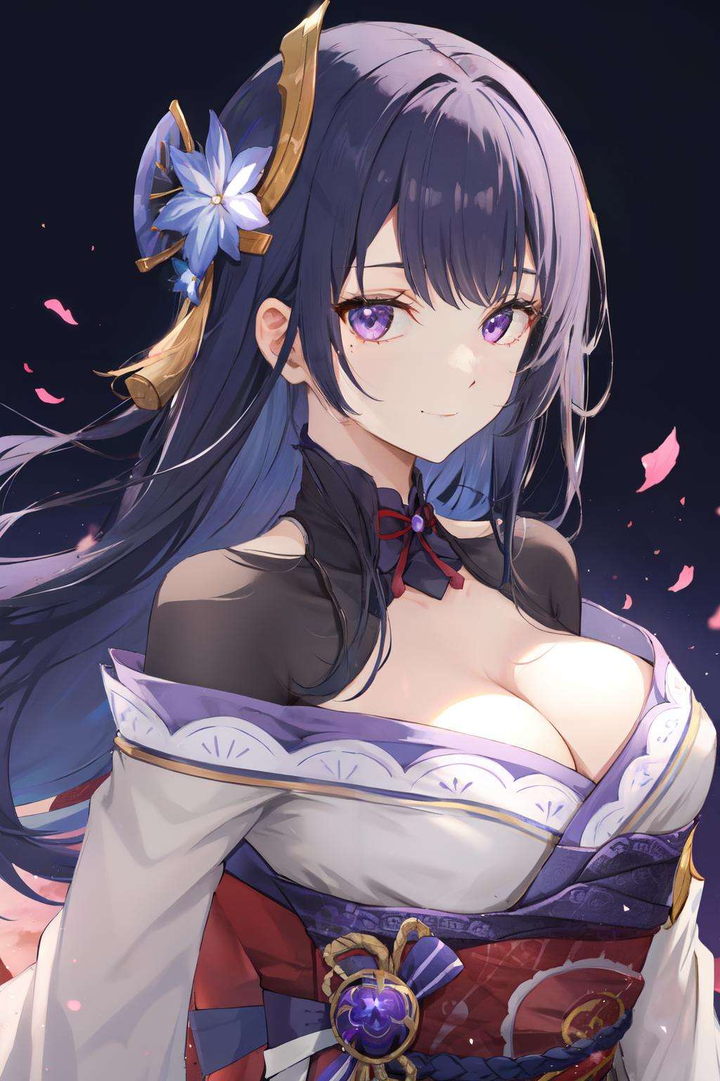 <lora:raiden-10:1>raiden shogun, 1girl, large breasts, purple hair, purple eyes, solo, cleavage, mole under eye,  japanese clothes, long hair, kimono, looking at viewer, sash, purple flower, flower, hair ornament, obi, bangs, bridal gauntlets, upper body, shrug (clothing), obijime, obiage, off shoulder, smile, closed mouth, black bacground