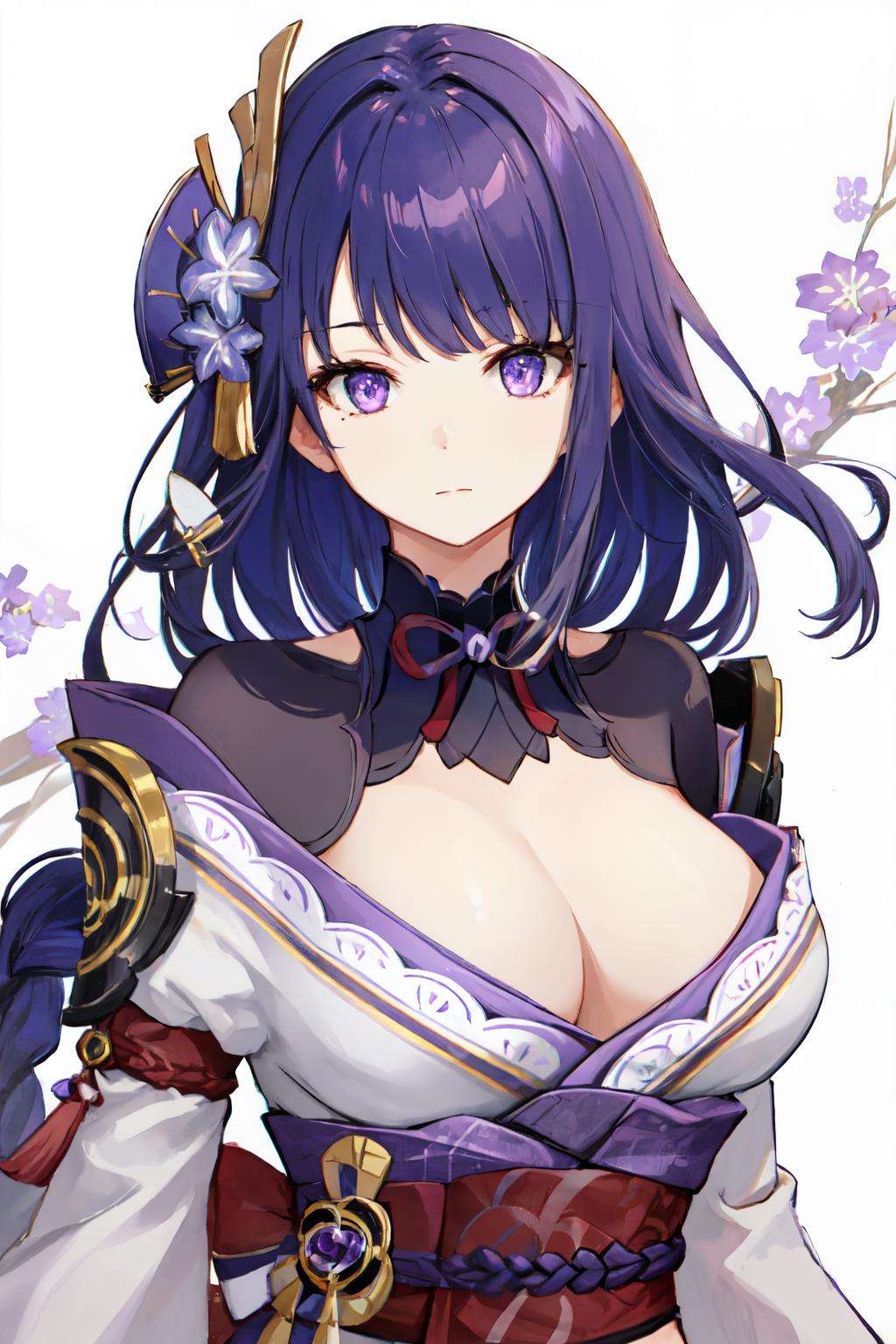 <lora:raiden_shogun:1> raiden shogun, braid, large breasts, hair flower, looking at viewer, long hair, purple hair, ribbon, mole, closed mouth, purple flower, shoulder armor, japanese clothes, hair ornament, kimono, flower, armor, solo, purple eyes, cleavage, purple kimono, 1girl, upper body