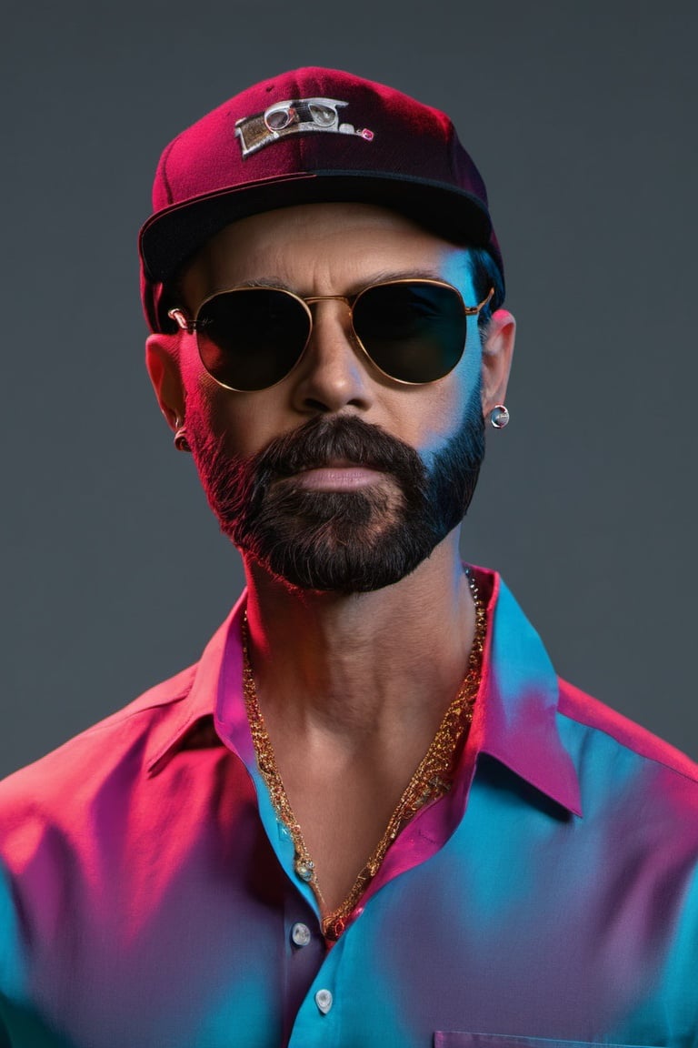 coocolor, 1boy, male focus, solo, sunglasses, facial hair, shirt, hat, realistic, earrings, jewelry, gradient, collared shirt, black hair, simple background, portrait