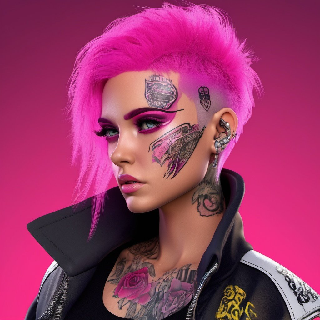 coocolor,, , 1girl, cyber fashion, punk fashion, makeup, facepaint, pink eyeshadow, tattoo, jacket, upper body,((masterpiece)), ((best quality)), 8k, high detailed, ultra-detailed,
