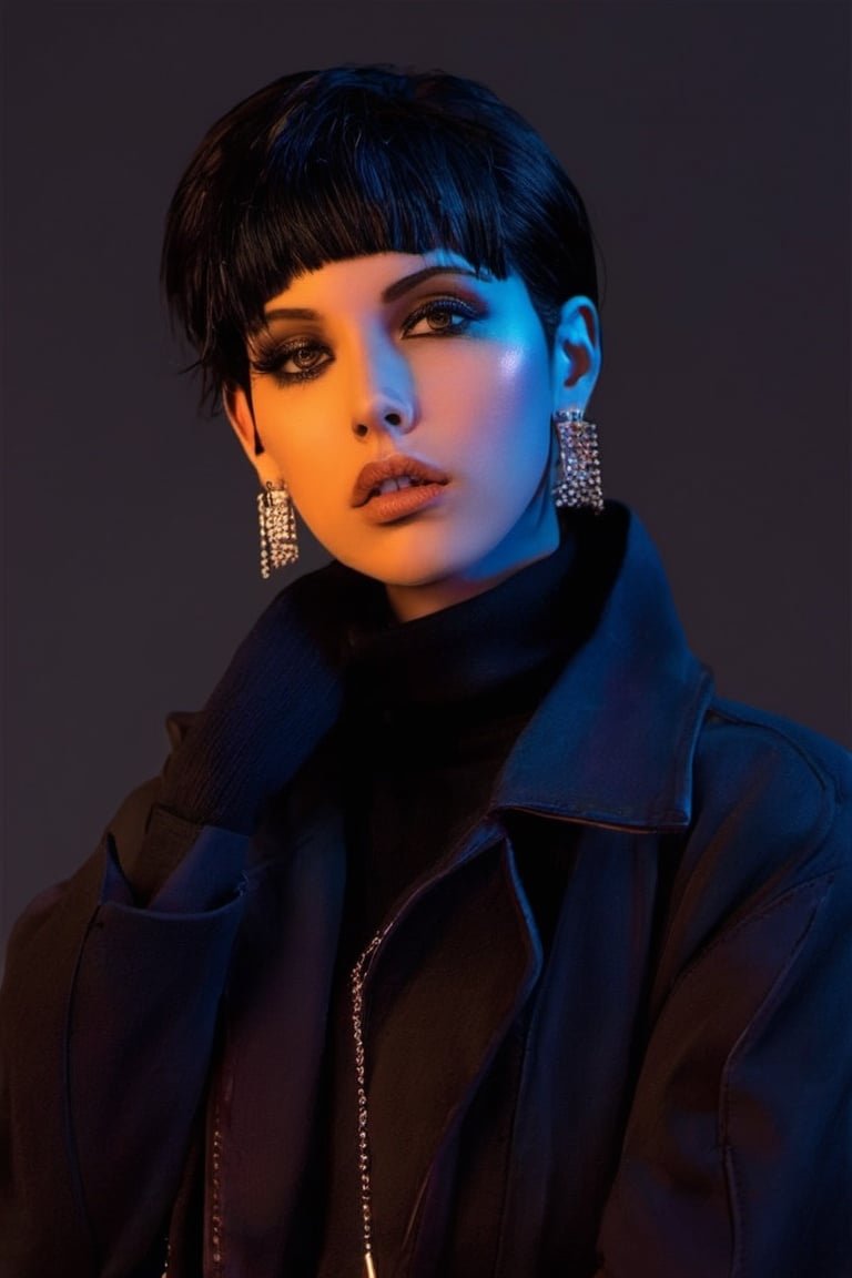 coocolor, 1girl, solo, short hair, jewelry, earrings, looking at viewer, realistic, black eyes, black hair, upper body, turtleneck, lips, jacket, Simple background, piercing, nose, parted lips