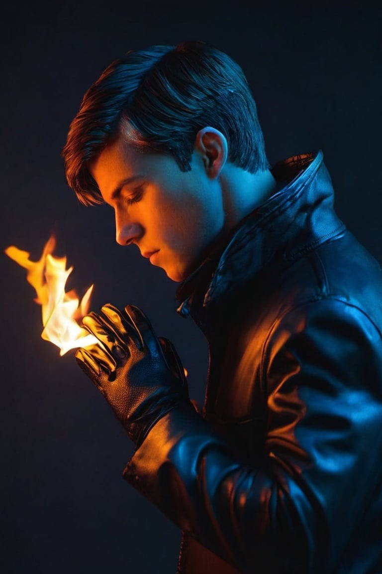 (coocolor:1.3), coocolor, male focus, 1boy, solo, fire, from side, upper body, dark, short hair, gloves, covering own eyes, profile