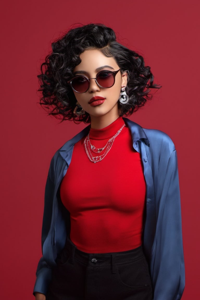 coocolor, solo, 1girl, jewelry, glasses, shirt, black hair, necklace, tinted eyewear, parted lips, earrings, red shirt, upper body, realistic, curly hair, long sleeves, teeth, short hair, sunglasses, dark skin, lips