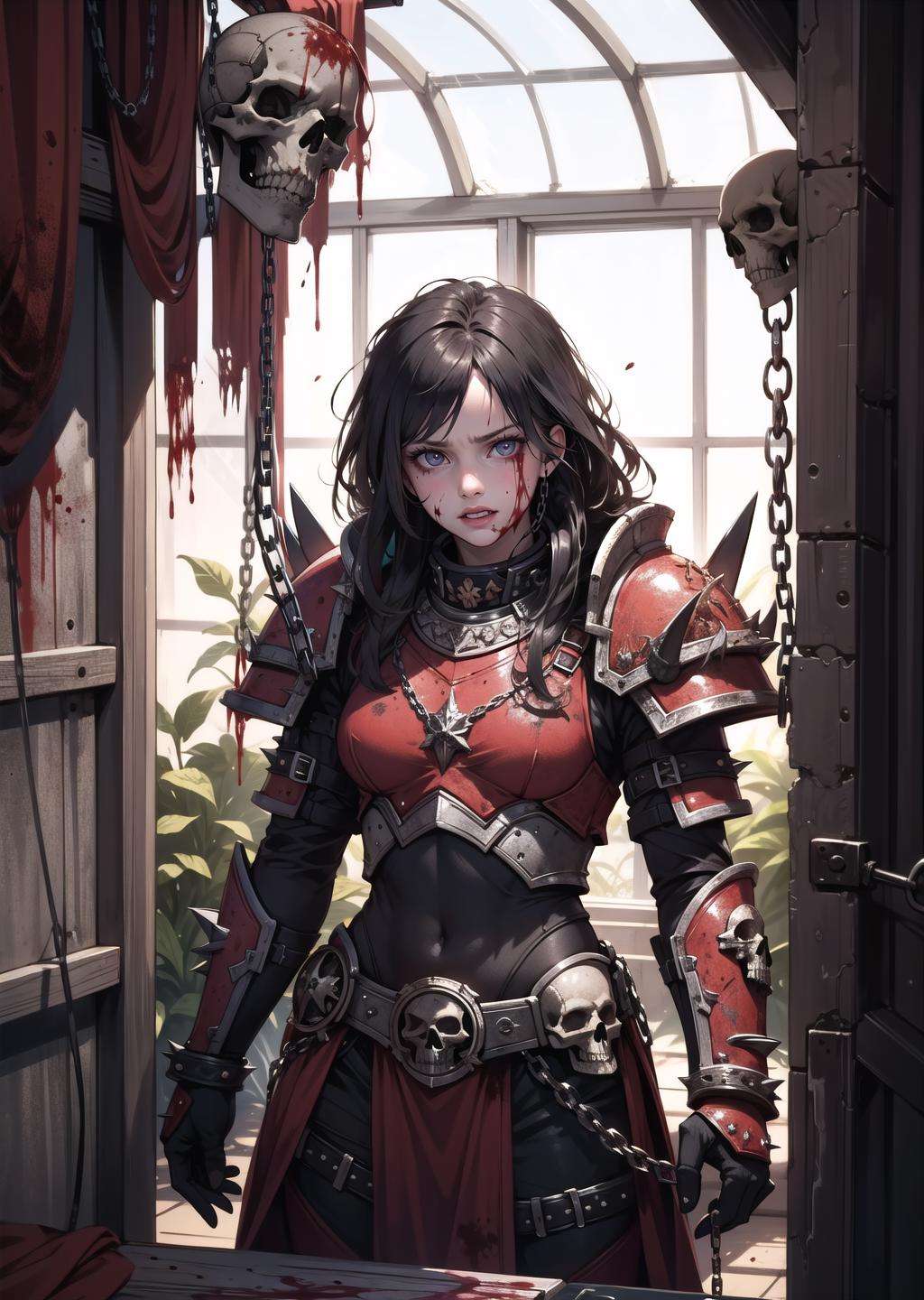 (solo, 1girl, crazy eyes, blood on face, blood on clothes) (digital) ( in detailed greenhouse,  (spiked armor, chain)) , best quality, <lora:boldline:0.2>  <lora:hairdetailer:0.2> khorne, skull, <lora:khorne:0.7>