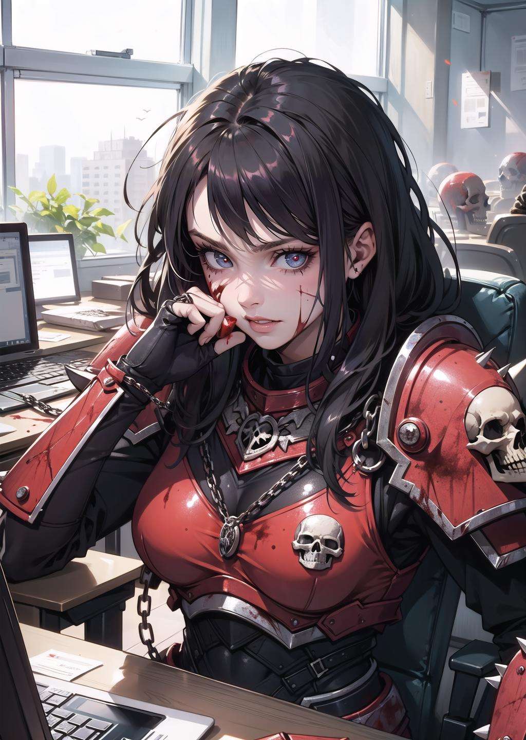 (solo, 1girl, crazy eyes, blood on face, blood on clothes) (digital) ( in detailed office,  (spiked armor, chain)) , best quality, <lora:boldline:0.2>  <lora:hairdetailer:0.2> khorne, skull, <lora:khorne:0.7>