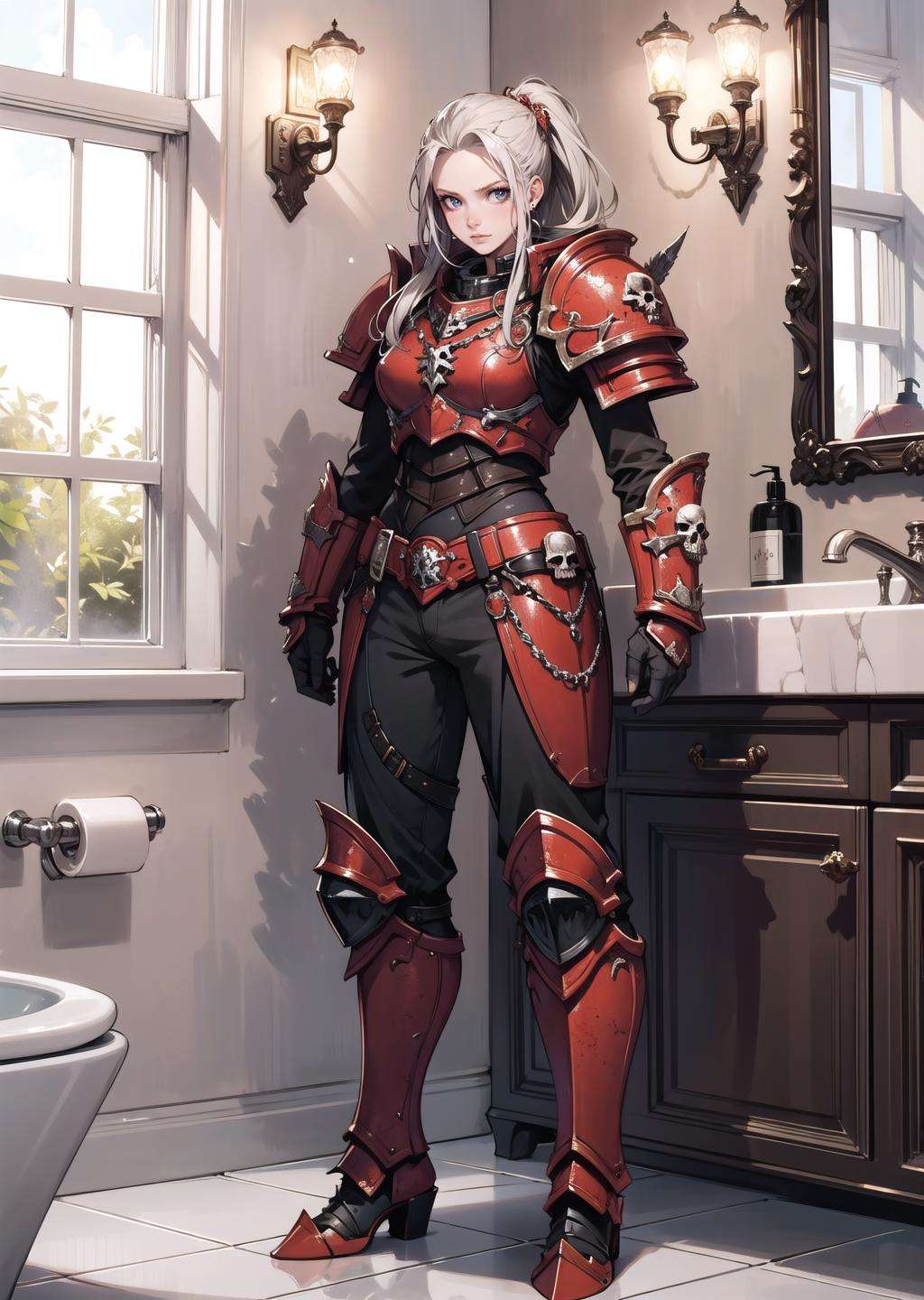 (1girl) (digital) ( in detailed bathroom,  (armor)) , best quality, <lora:boldline:0.2>  <lora:hairdetailer:0.2> khorne, skull, <lora:khorne:0.7>