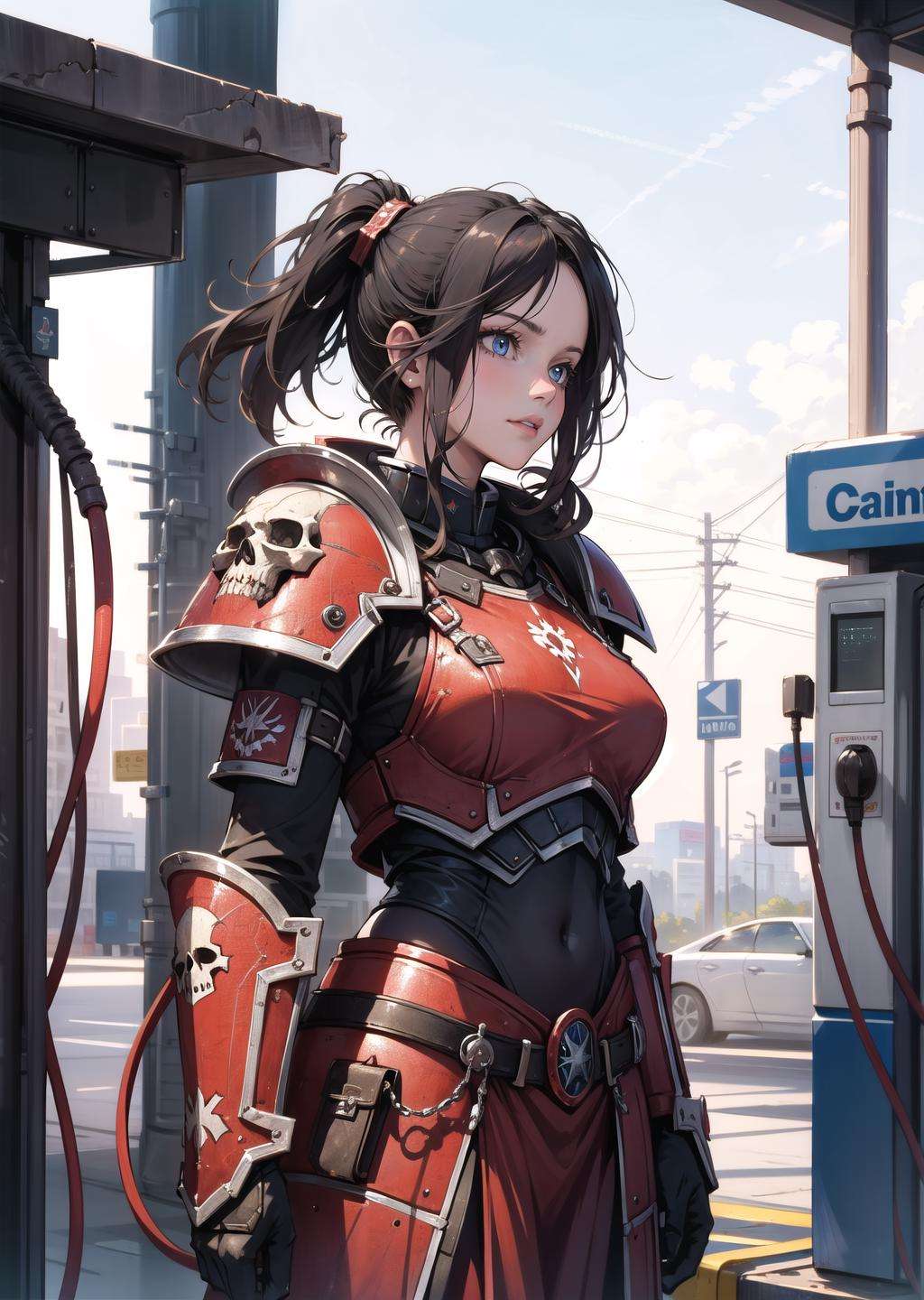 (1girl) (digital) ( in detailed gas station,  (armor)) , best quality, <lora:boldline:0.2>  <lora:hairdetailer:0.2> khorne, skull, <lora:khorne:0.7>