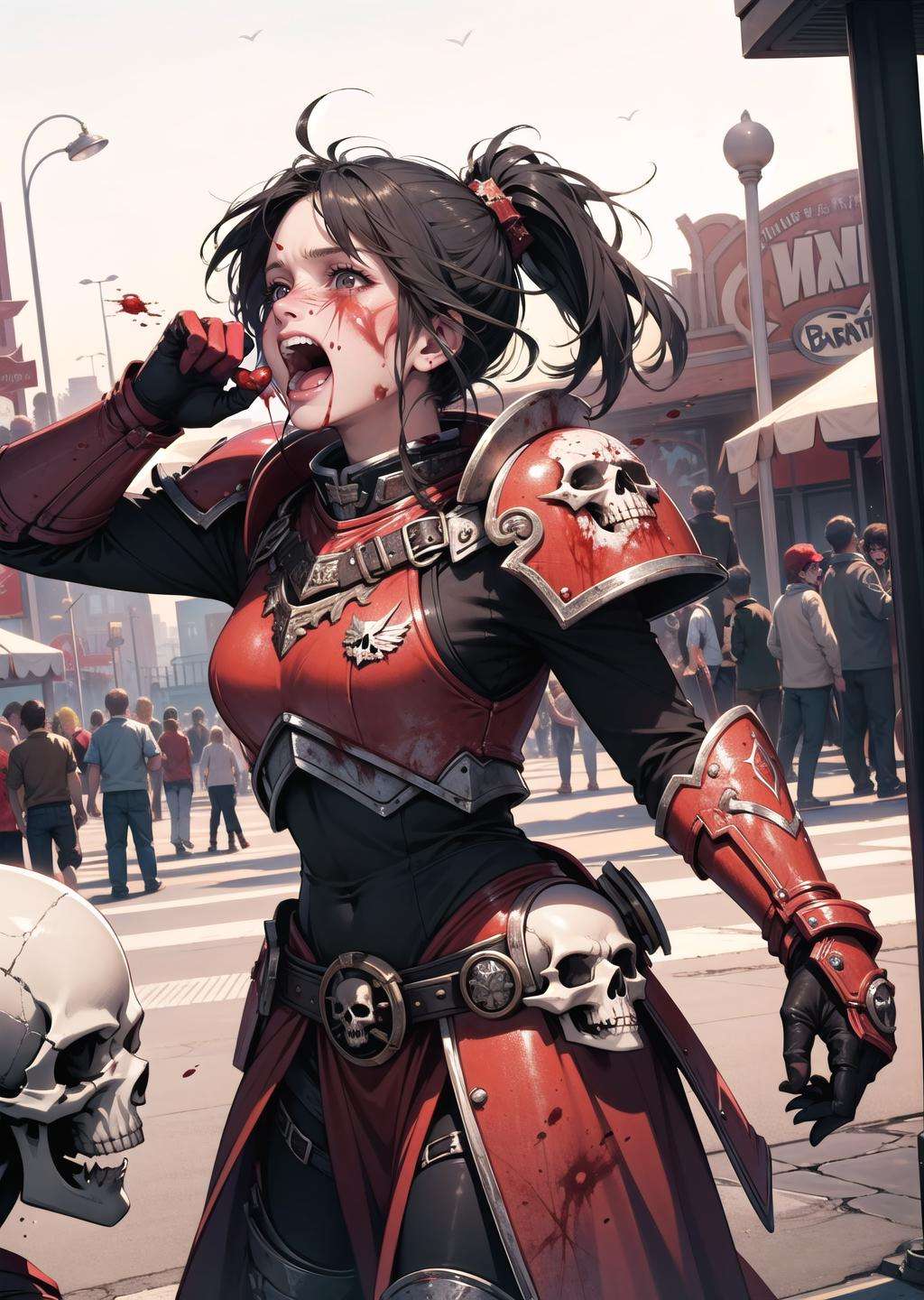 (solo, 1girl, crazy eyes, yelling, blood on face, blood on clothes) (digital) ( in detailed amusement park,  (armor)) , best quality, <lora:boldline:0.2>  <lora:hairdetailer:0.2> khorne, skull, <lora:khorne:0.7>