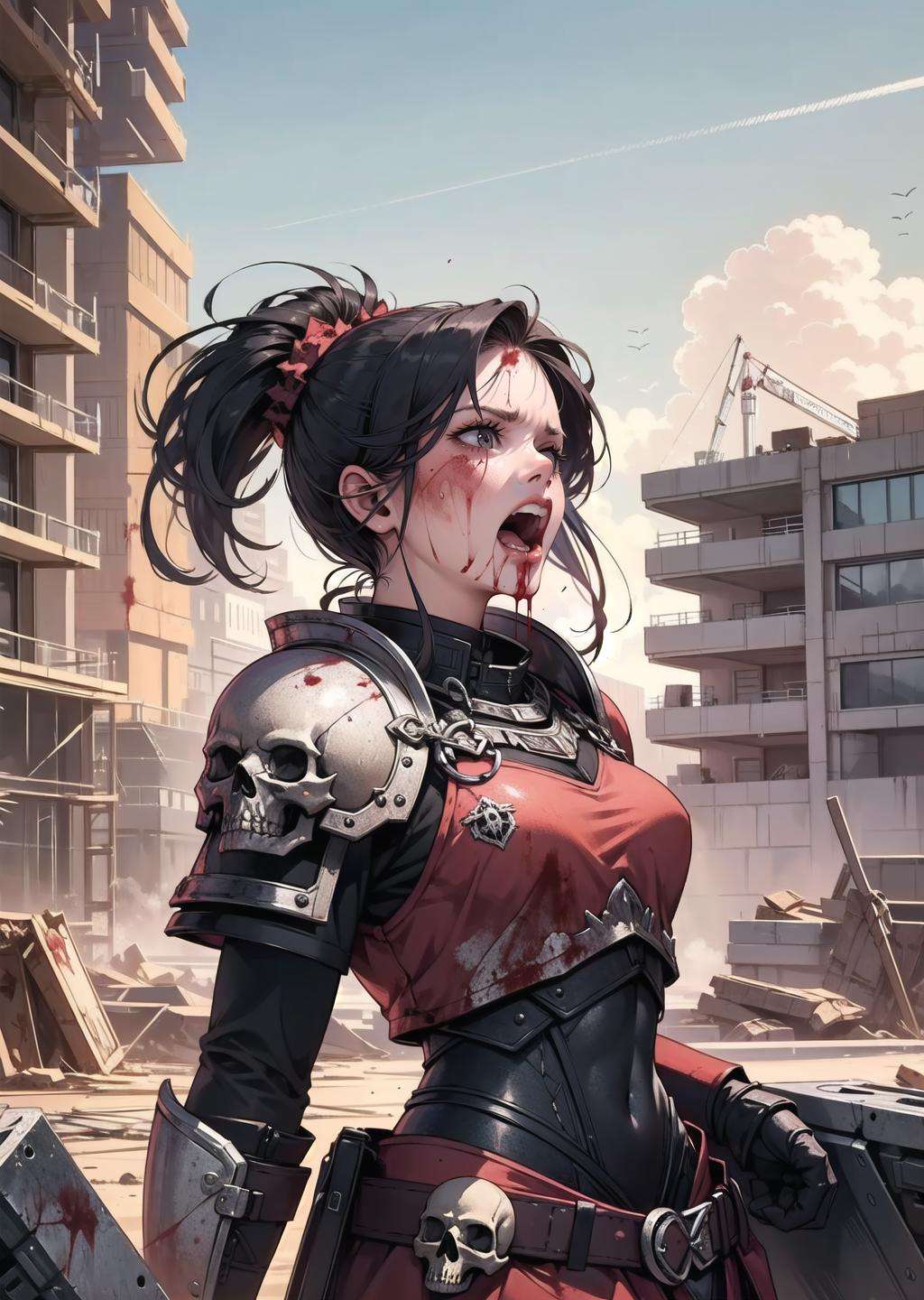 (solo, 1girl, crazy, yelling, blood on face, blood on clothes) (digital) ( in detailed construction site,  (armor)) , best quality, <lora:boldline:0.2>  <lora:hairdetailer:0.2> khorne, skull, <lora:khorne:0.7>