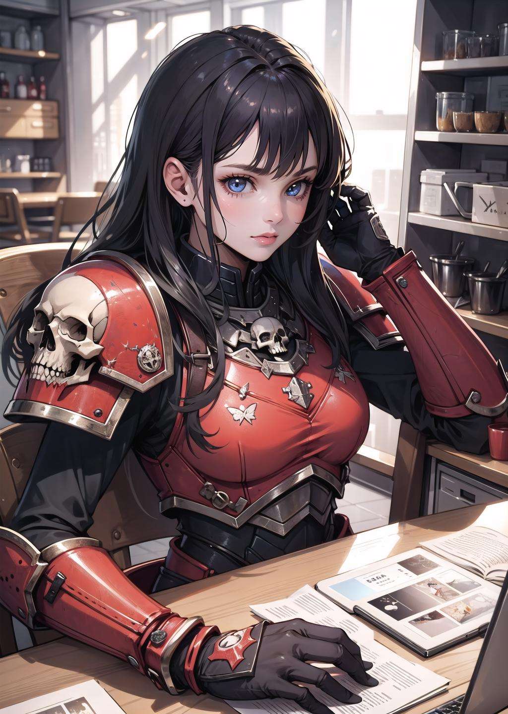 (1girl) (digital) ( in detailed cafe,  (armor)) , best quality, <lora:boldline:0.2>  <lora:hairdetailer:0.2> khorne, skull, <lora:khorne:0.7>