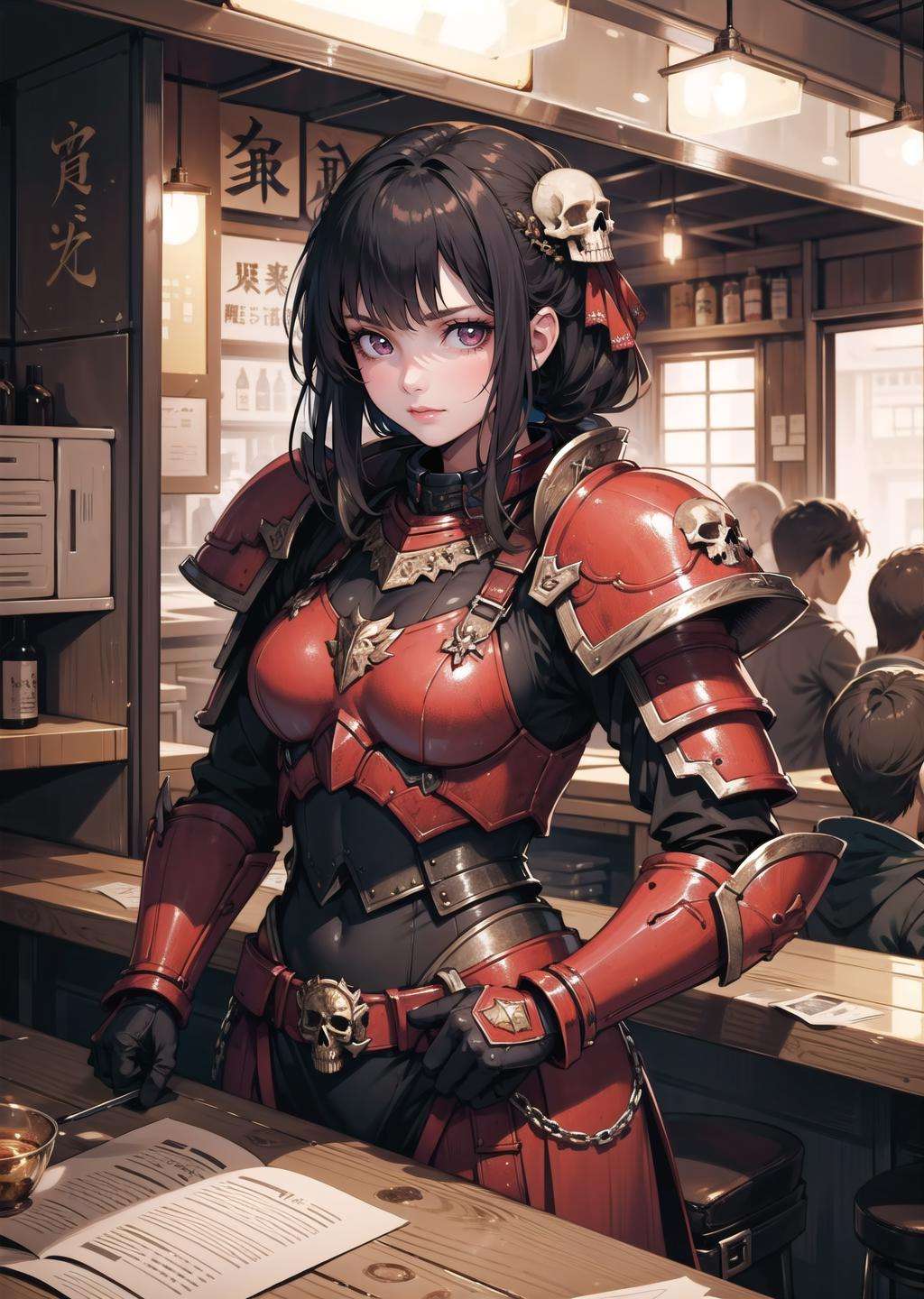 (1girl) (digital) ( in detailed izakaya,  (armor)) , best quality, <lora:boldline:0.2>  <lora:hairdetailer:0.2> khorne, skull, <lora:khorne:0.7>