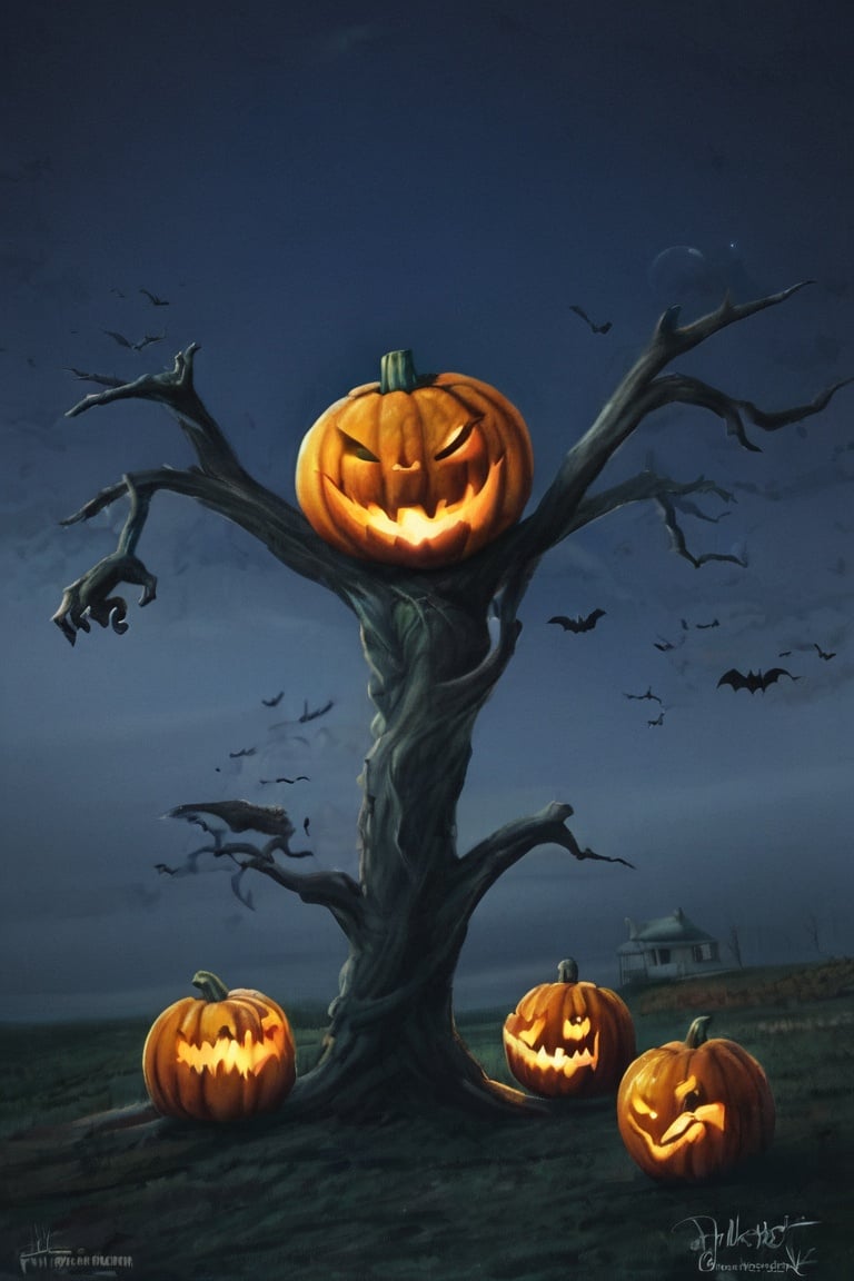 night, moon, jack-o'-lantern, halloween, tree, signature, house, full moon, bare tree, pumpkin, bat \(animal\), outdoors, no humans, night sky, solo, <lora:万圣节:0.95>, 